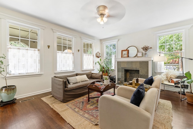 120 Crystal Ct, Little Rock, AR 72205 - living room featuring a ceiling fan, dark wood finished floors, and a tiled fireplace