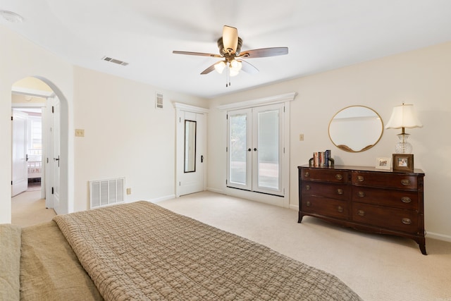 120 Crystal Ct, Little Rock, AR 72205 - carpeted bedroom featuring access to outside, arched walkways, french doors, and ceiling fan