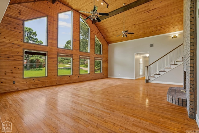 5510 Crowleys Ridge Rd, Jonesboro, AR 72404 - unfurnished living room featuring high vaulted ceiling, a ceiling fan, wood-type flooring, healthy amount of natural light, and a wooden ceiling with exposed beams