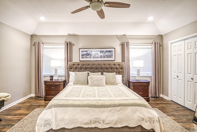 23 Emanuel Dr, Hot Springs Village, AR 71909 - bedroom with lofted ceiling, dark wood-style floors, recessed lighting, a closet, and a ceiling fan