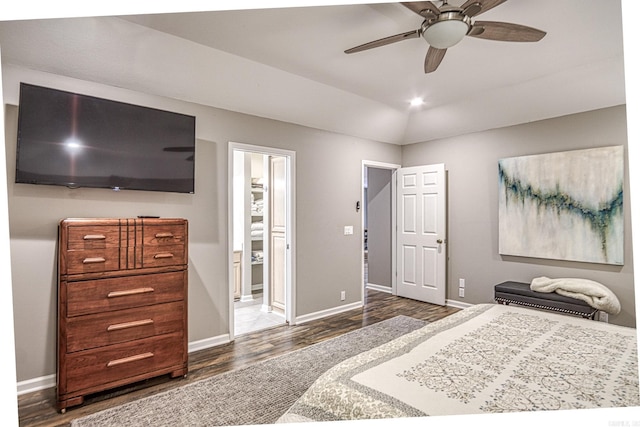23 Emanuel Dr, Hot Springs Village, AR 71909 - bedroom featuring dark wood-style flooring, ensuite bathroom, vaulted ceiling, and a ceiling fan