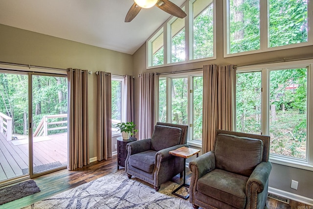 23 Emanuel Dr, Hot Springs Village, AR 71909 - living area with ceiling fan, high vaulted ceiling, and wood finished floors