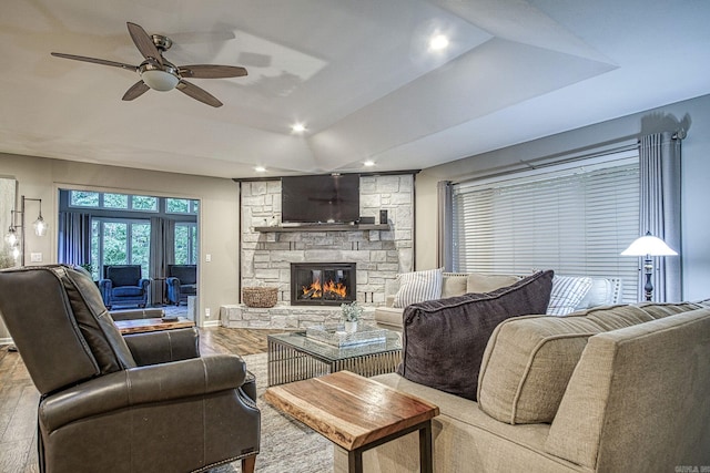 23 Emanuel Dr, Hot Springs Village, AR 71909 - living area featuring recessed lighting, wood finished floors, ceiling fan, and a fireplace