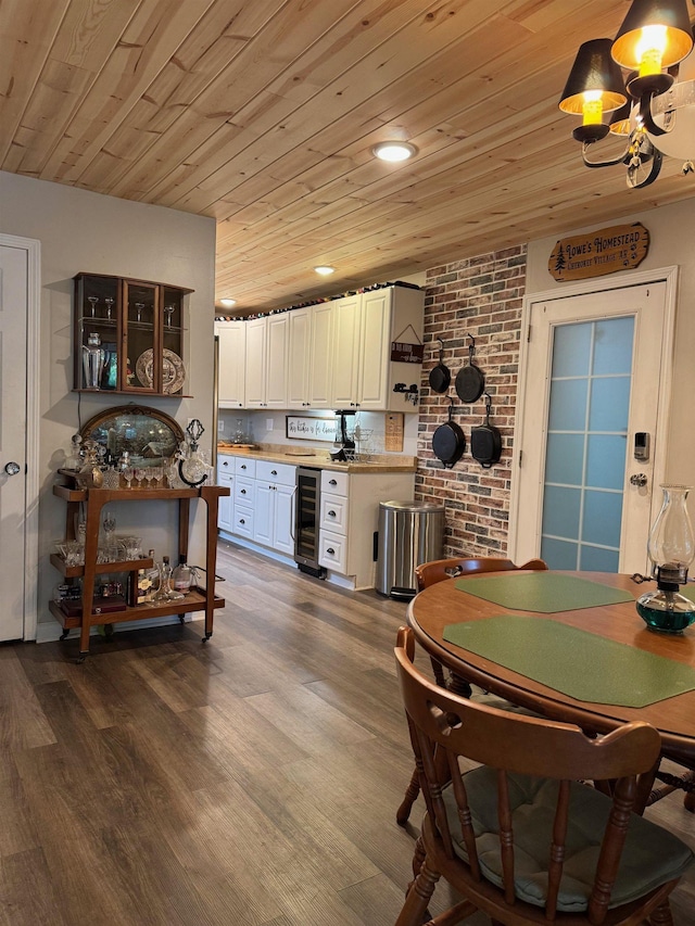 dining room featuring wine cooler, wooden ceiling, dark wood-style floors, bar, and recessed lighting