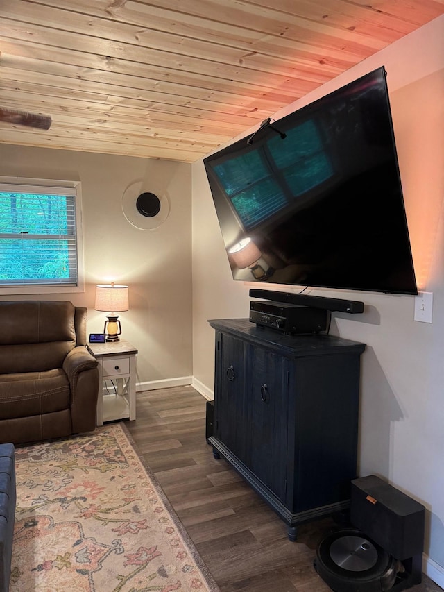 living room with wooden ceiling and dark wood-style floors