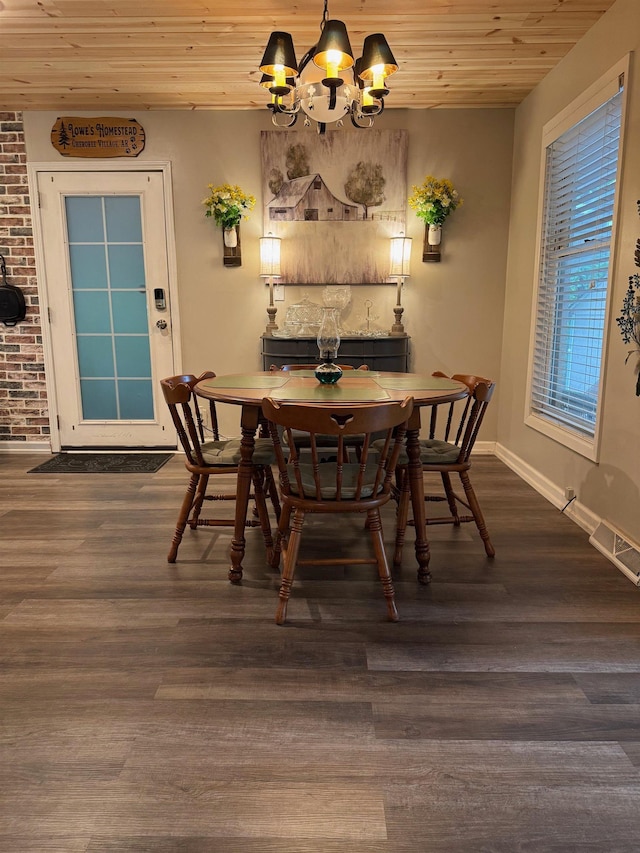 dining area with wood ceiling, a chandelier, and dark wood-type flooring