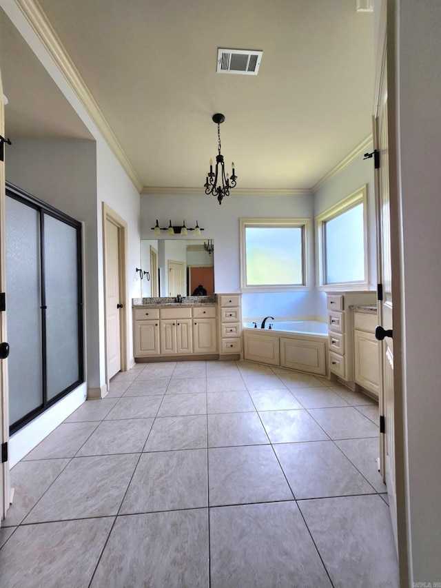 140 Bentley Cir, Little Rock, AR 72210 - bathroom with ornamental molding, a bath, vanity, a chandelier, and tile patterned flooring