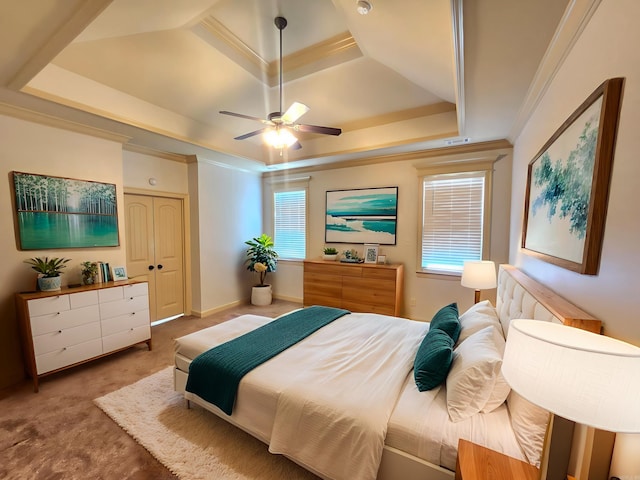 140 Bentley Cir, Little Rock, AR 72210 - carpeted bedroom featuring a raised ceiling, a ceiling fan, and crown molding
