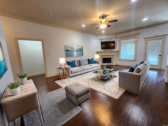 140 Bentley Cir, Little Rock, AR 72210 - living room featuring a ceiling fan, ornamental molding, dark wood-type flooring, a fireplace, and recessed lighting
