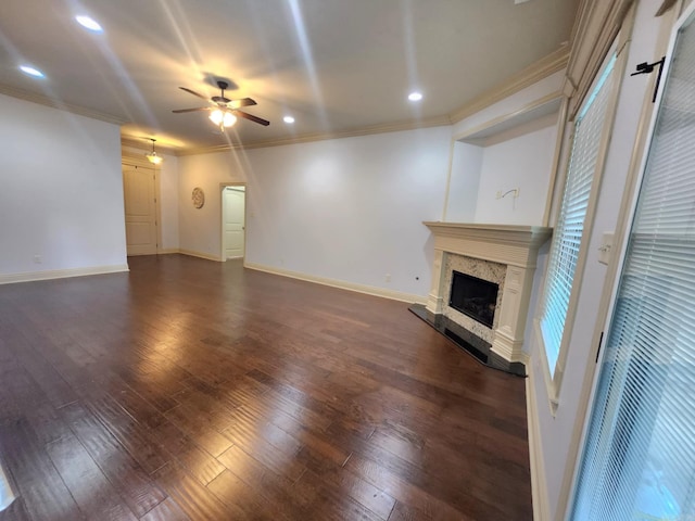 140 Bentley Cir, Little Rock, AR 72210 - unfurnished living room with ceiling fan, a fireplace, dark wood-type flooring, crown molding, and recessed lighting