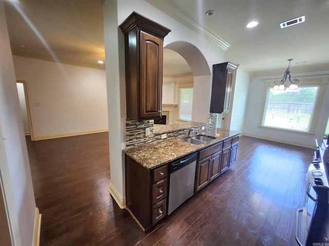 140 Bentley Cir, Little Rock, AR 72210 - kitchen with stainless steel dishwasher, crown molding, dark wood finished floors, light stone counters, and dark brown cabinetry