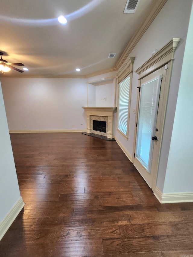 140 Bentley Cir, Little Rock, AR 72210 - unfurnished living room featuring a fireplace, a ceiling fan, dark wood-style flooring, recessed lighting, and ornamental molding