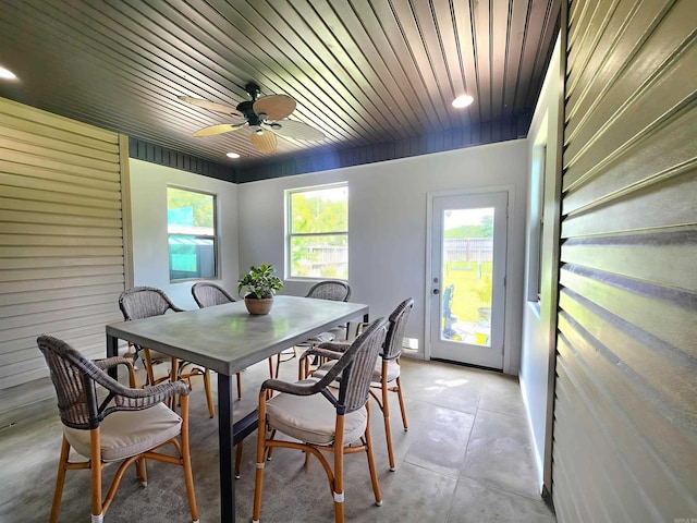 140 Bentley Cir, Little Rock, AR 72210 - dining room featuring ceiling fan, wood ceiling, concrete floors, and recessed lighting