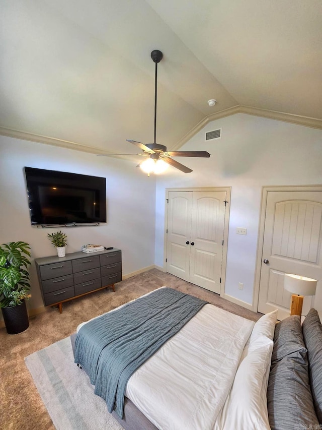 140 Bentley Cir, Little Rock, AR 72210 - bedroom featuring light carpet, vaulted ceiling, and a ceiling fan