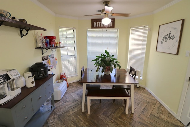 34 Ridge Rd, Cabot, AR 72023 - dining area featuring a ceiling fan and crown molding