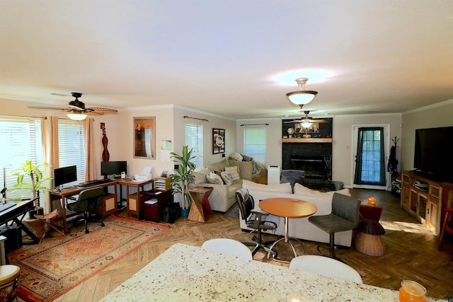 34 Ridge Rd, Cabot, AR 72023 - living area with crown molding, ceiling fan, an office area, and a fireplace