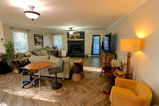34 Ridge Rd, Cabot, AR 72023 - living room featuring ornamental molding, a fireplace, and a ceiling fan