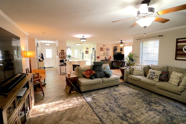 34 Ridge Rd, Cabot, AR 72023 - living room featuring a ceiling fan and ornamental molding
