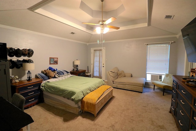 34 Ridge Rd, Cabot, AR 72023 - bedroom with a raised ceiling, light carpet, ceiling fan, lofted ceiling, and ornamental molding
