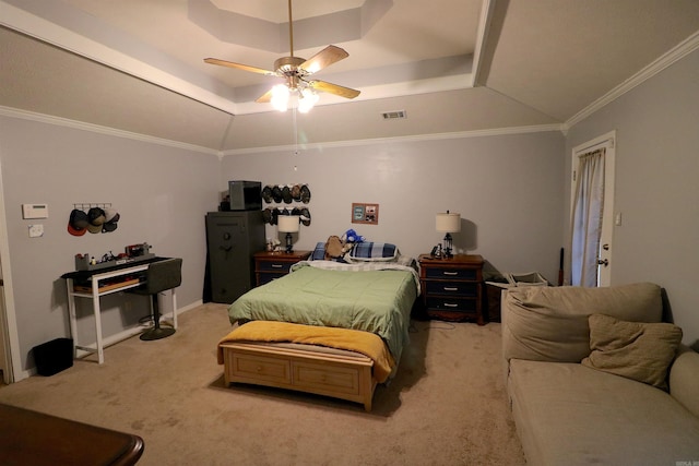 34 Ridge Rd, Cabot, AR 72023 - bedroom featuring a tray ceiling, light carpet, vaulted ceiling, a ceiling fan, and crown molding