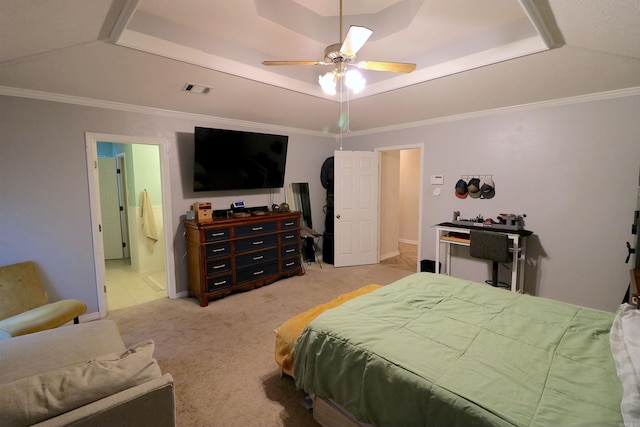 34 Ridge Rd, Cabot, AR 72023 - bedroom featuring a raised ceiling, light carpet, a ceiling fan, connected bathroom, and ornamental molding