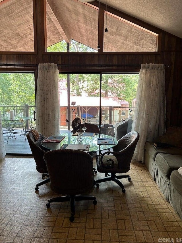 100 Osage, Edgemont, AR 72044 - dining space with lofted ceiling, brick patterned flooring, an office area, plenty of natural light, and wooden walls