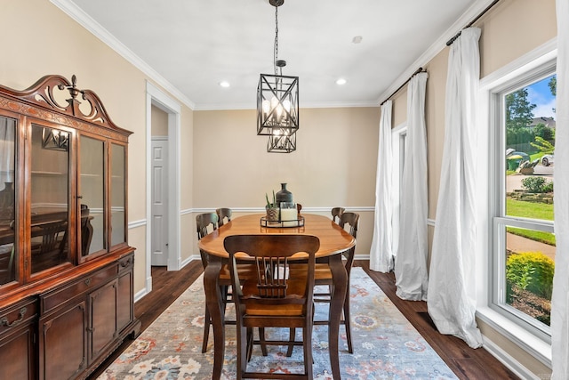 18 Calumet Rd, Little Rock, AR 72223 - dining area with a chandelier, ornamental molding, recessed lighting, and dark wood-style floors