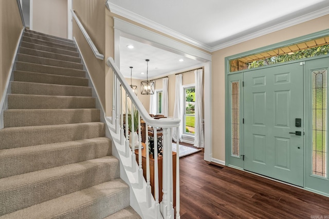 18 Calumet Rd, Little Rock, AR 72223 - foyer entrance with dark wood-type flooring, stairs, ornamental molding, a chandelier, and recessed lighting
