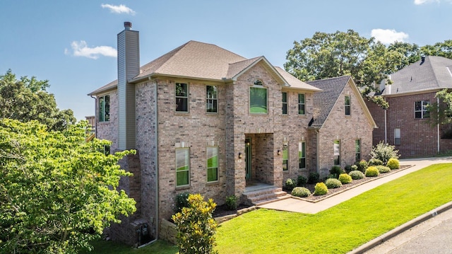 18 Calumet Rd, Little Rock, AR 72223 - view of front of home featuring a chimney, a front yard, brick siding, and a shingled roof