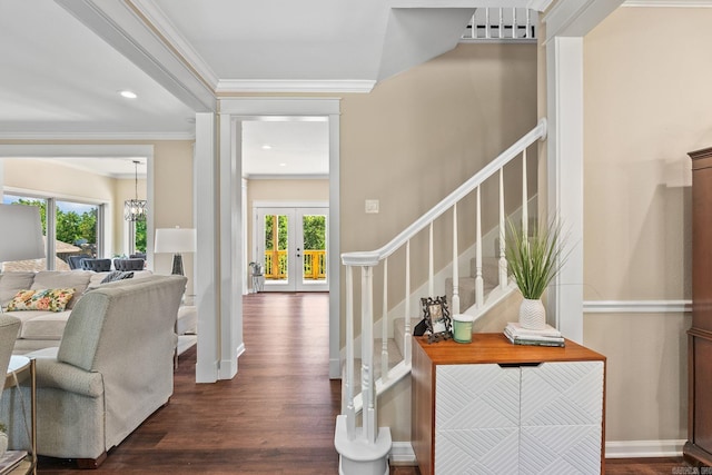 18 Calumet Rd, Little Rock, AR 72223 - foyer with french doors, plenty of natural light, stairs, dark wood-style floors, and ornamental molding