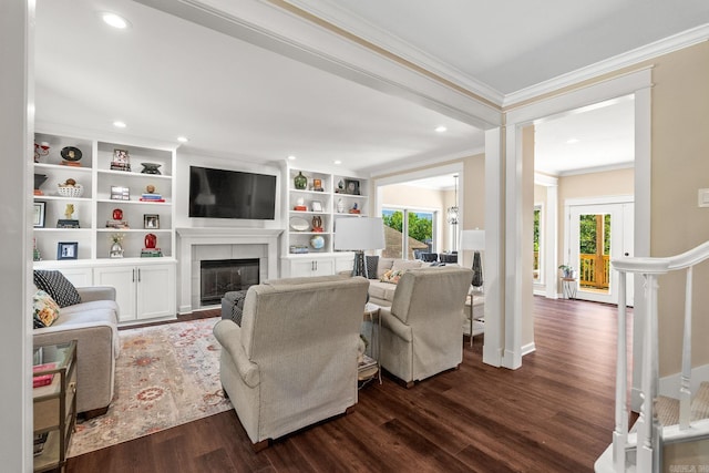 18 Calumet Rd, Little Rock, AR 72223 - living area with crown molding, dark wood-type flooring, a tile fireplace, and recessed lighting