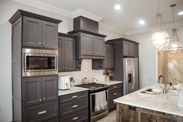 4321 Sloan Dr, Bryant, AR 72002 - kitchen featuring appliances with stainless steel finishes, decorative backsplash, light stone countertops, hanging light fixtures, and ornamental molding
