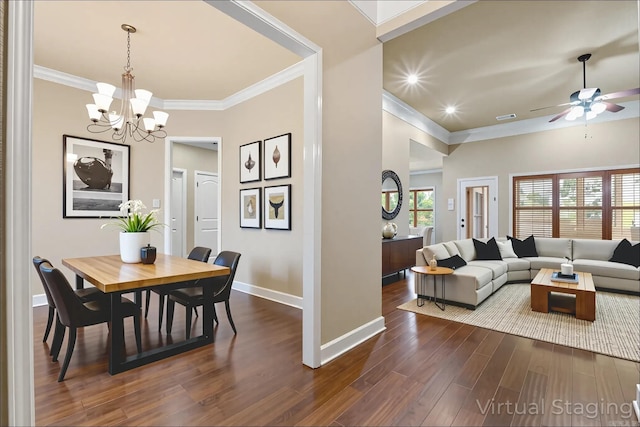 18720 Lochridge Dr, Little Rock, AR 72210 - dining room with crown molding, dark wood-style floors, a chandelier, ceiling fan, and recessed lighting