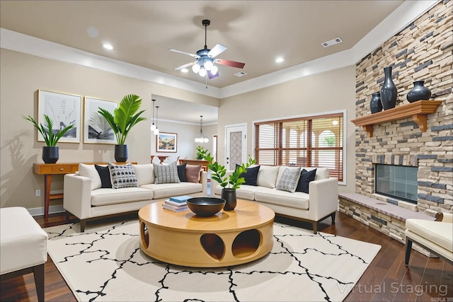 18720 Lochridge Dr, Little Rock, AR 72210 - living room featuring a ceiling fan, wood finished floors, recessed lighting, a stone fireplace, and ornamental molding