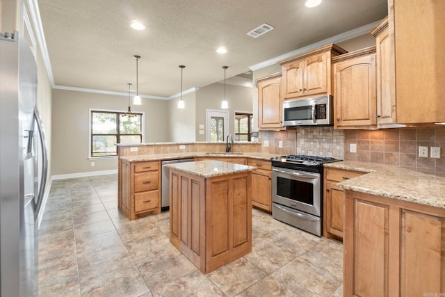 18720 Lochridge Dr, Little Rock, AR 72210 - kitchen with appliances with stainless steel finishes, a peninsula, tasteful backsplash, crown molding, and a center island