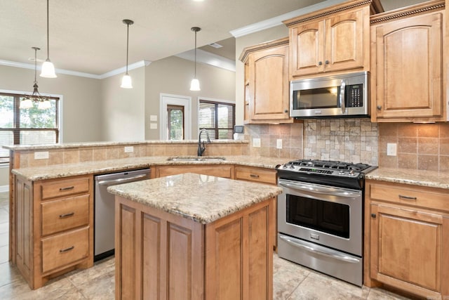 18720 Lochridge Dr, Little Rock, AR 72210 - kitchen with appliances with stainless steel finishes, a peninsula, ornamental molding, healthy amount of natural light, and light stone counters