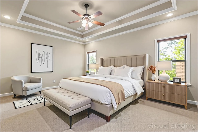18720 Lochridge Dr, Little Rock, AR 72210 - bedroom with a raised ceiling, light colored carpet, ornamental molding, recessed lighting, and ceiling fan