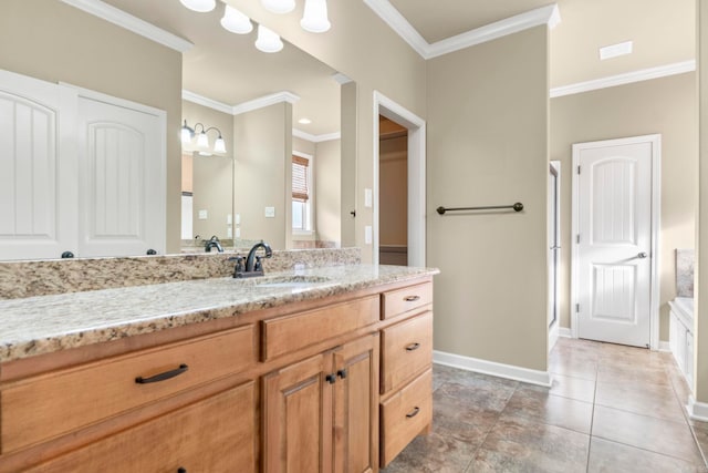 18720 Lochridge Dr, Little Rock, AR 72210 - bathroom featuring vanity, crown molding, a shower stall, and tile patterned flooring