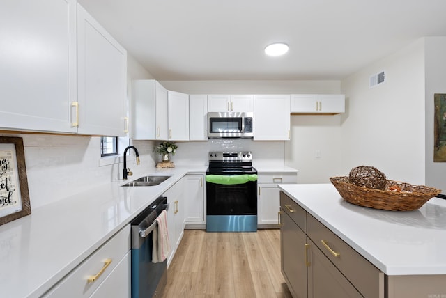 1495 Manor St, Conway, AR 72034 - kitchen with appliances with stainless steel finishes, light wood finished floors, white cabinetry, light countertops, and backsplash