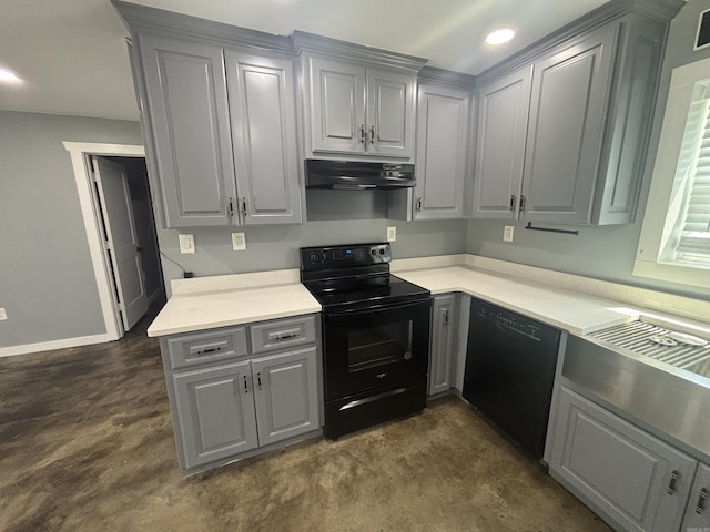 225 Donnie Holt Rd, Mcrae, AR 72102 - kitchen with black appliances, gray cabinetry, under cabinet range hood, light countertops, and recessed lighting