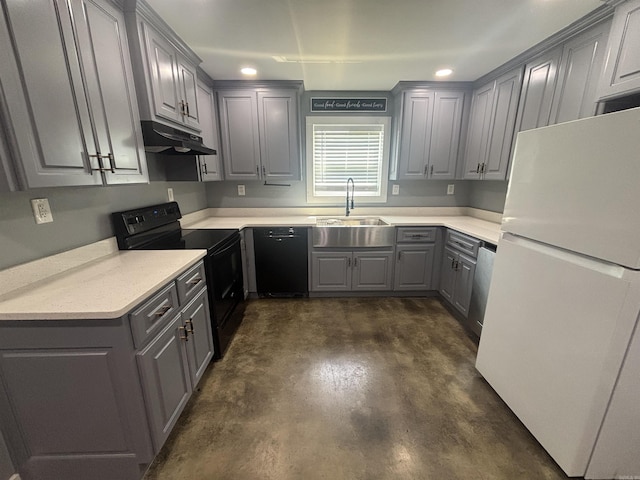 225 Donnie Holt Rd, Mcrae, AR 72102 - kitchen featuring black appliances, gray cabinets, under cabinet range hood, concrete floors, and recessed lighting
