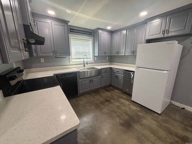 225 Donnie Holt Rd, Mcrae, AR 72102 - kitchen featuring freestanding refrigerator, gray cabinets, dishwasher, concrete floors, and range with electric cooktop