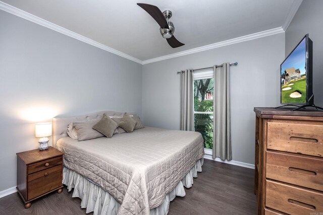 914 Cartier Ln, Little Rock, AR 72211 - bedroom featuring crown molding, dark wood-type flooring, and ceiling fan