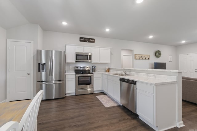 1040 Gallery Dr, Conway, AR 72032 - kitchen with stainless steel appliances, a peninsula, open floor plan, white cabinetry, and dark wood finished floors