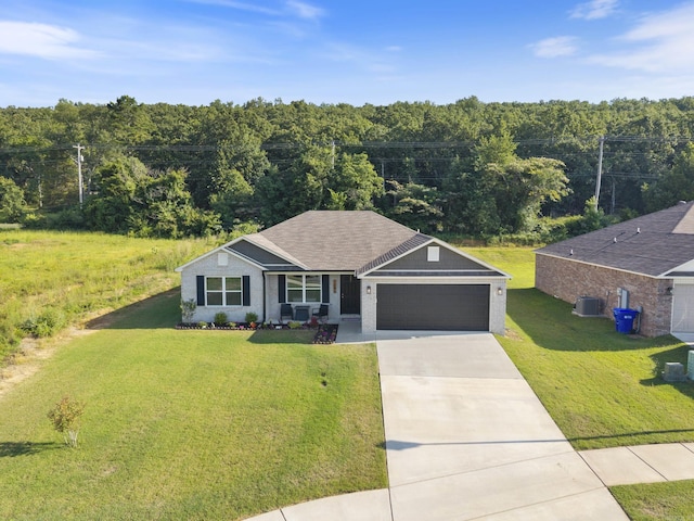 1040 Gallery Dr, Conway, AR 72032 - ranch-style home with an attached garage, a front lawn, driveway, a forest view, and roof with shingles