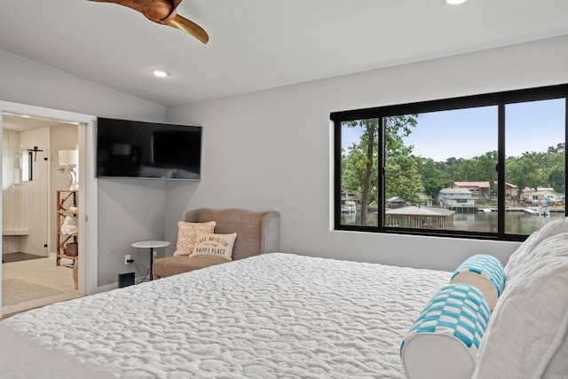 1113 Twin Points Rd, Hot Springs, AR 71913 - bedroom featuring recessed lighting, lofted ceiling, a ceiling fan, and wood finished floors