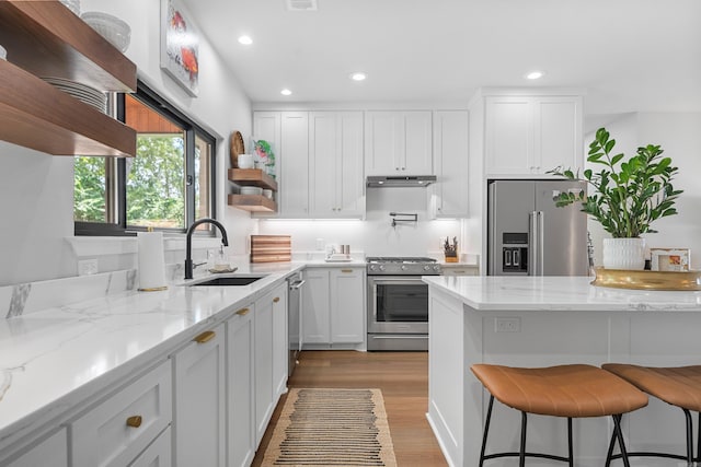 1113 Twin Points Rd, Hot Springs, AR 71913 - kitchen featuring stainless steel appliances, open shelves, under cabinet range hood, a breakfast bar, and recessed lighting