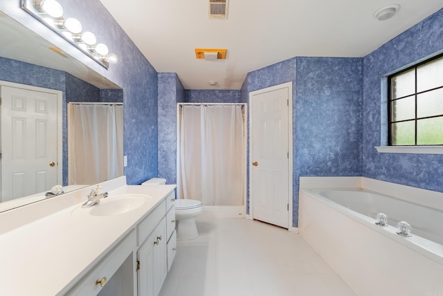 53 E Main St, Greenbrier, AR 72058 - bathroom featuring a garden tub, vanity, wallpapered walls, and a shower with shower curtain
