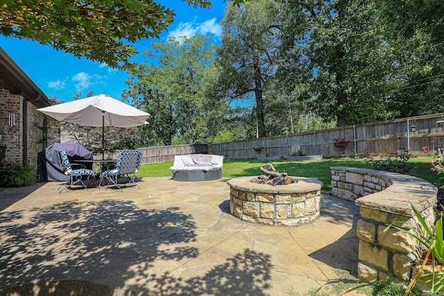 506 Scarlet Oaks Cv, Benton, AR 72019 - fenced backyard featuring a fire pit, a patio area, and grilling area