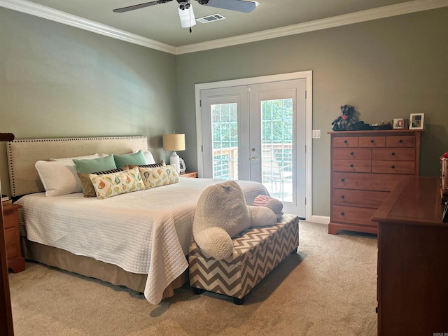 3 Timber Ridge Cir, Arkadelphia, AR 71923 - bedroom with french doors, access to exterior, light colored carpet, ornamental molding, and a ceiling fan